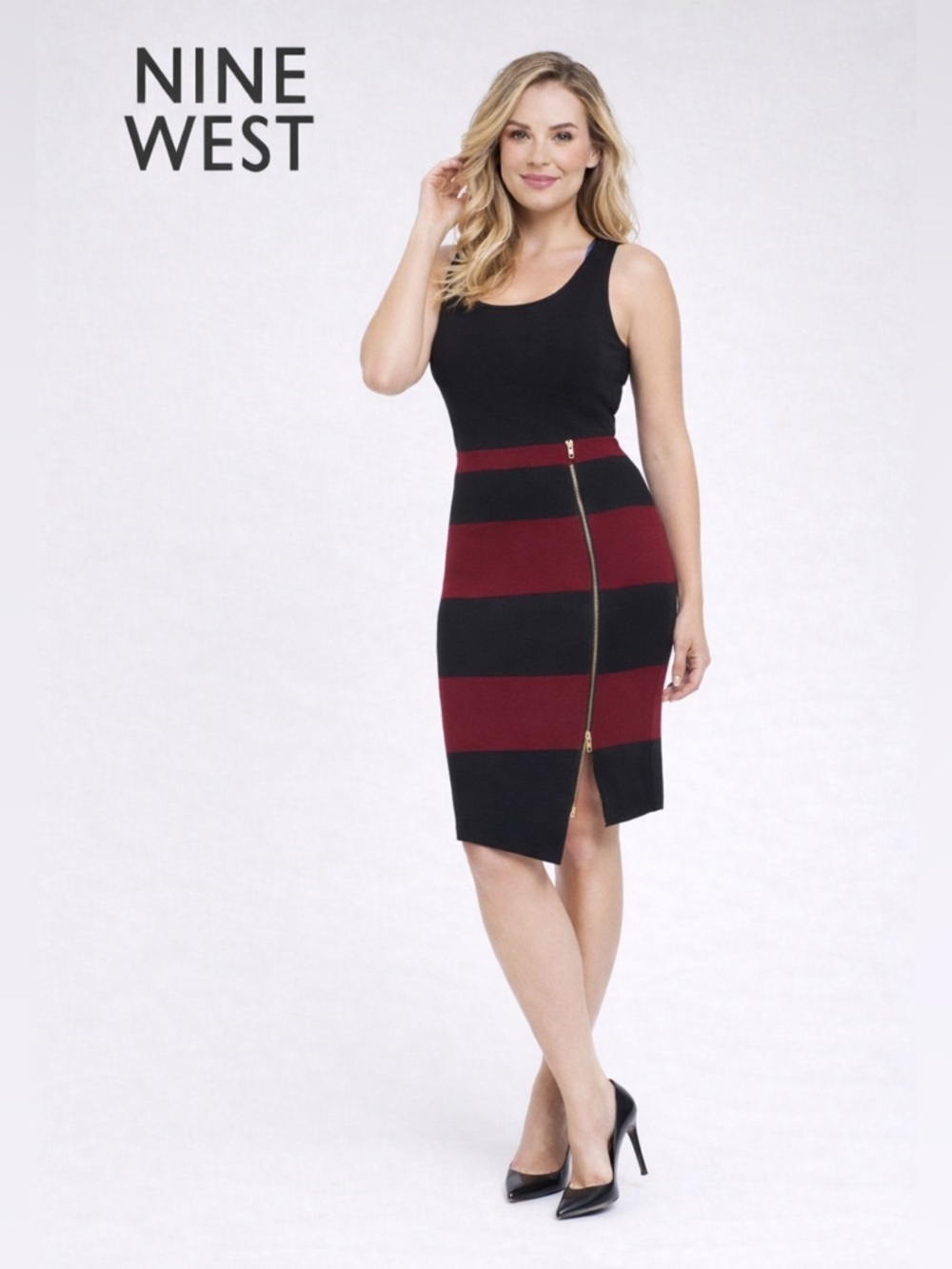 NWT Nine West Pencil Skirt Size 6 Black Burgundy Gold Zip Asymmetrical Stret